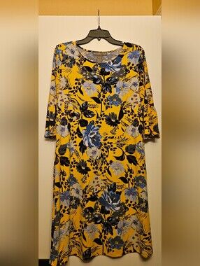 Floral Yellow Midi Dress with Blue & Black Bloom Print